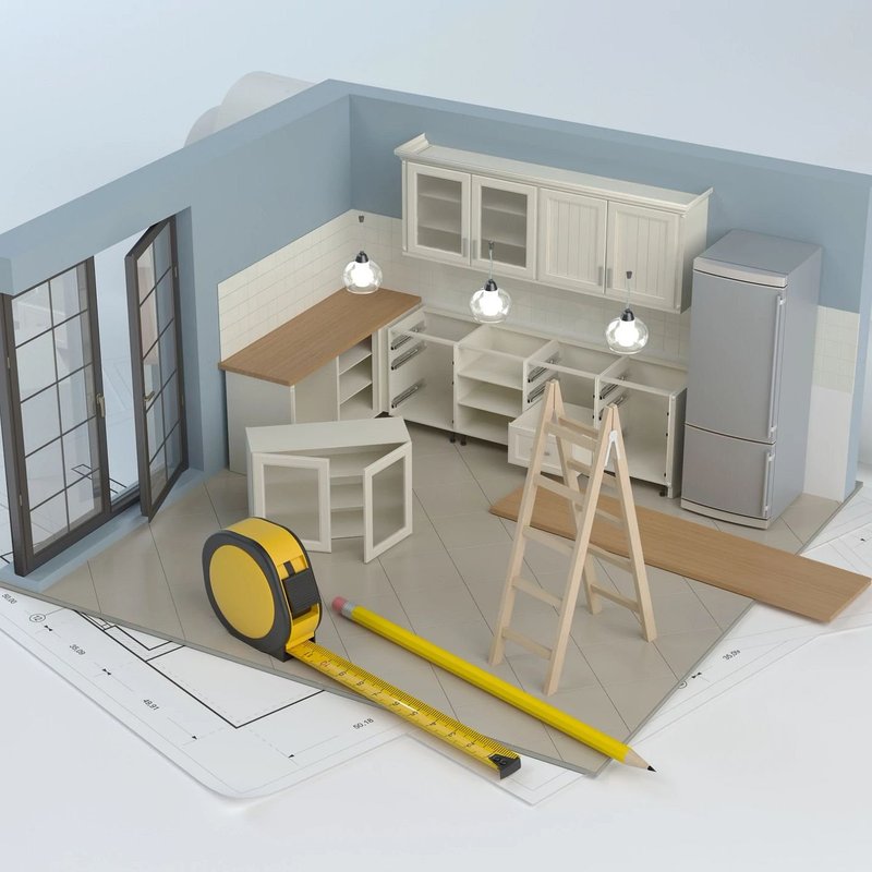 Diagram of Home renovation with various renovation tools scattered about